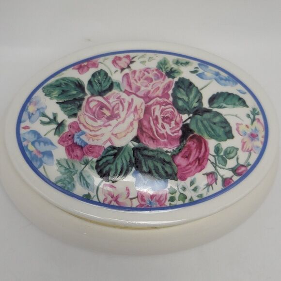 PS 1998 Vintage Floral Porcelain Ceramic Ova Trinket Box Music Jewelry Case - Picture 3 of 12